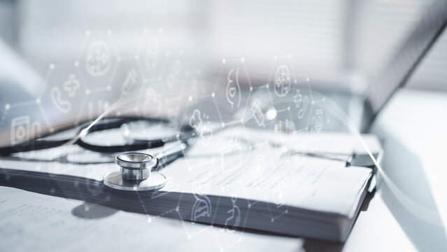 A stethoscope placed on medical documents with floating healthcare technology icons, symbolizing digital diagnosis, patient monitoring systems, medical innovation, and clinical wellness solutions. - Powered by Adobe