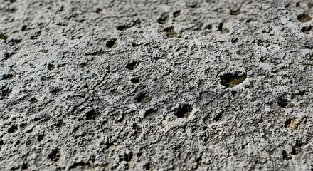 A close-up of a highly textured, rough, gray-white stone or concrete surface, featuring many small, dark pits and a granular, weathered finish.