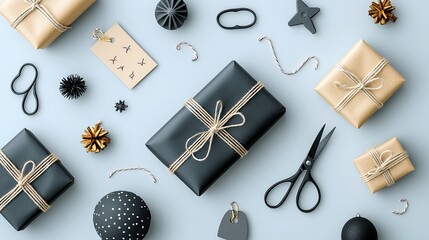 A collection of gift wrapping supplies and decorative items are arranged neatly on a light blue surface.