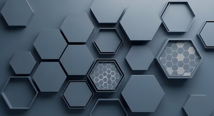 A minimalist, monochromatic 3D abstract of layered blue-gray hexagons. Two of the recessed shapes feature a distinct, finer honeycomb pattern.