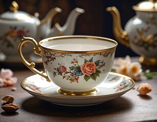 Close-up of an elegant porcelain teacup and saucer. Floral designs and gold accents are visible. Soft focus blurs the background