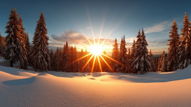 Breathtaking winter landscape showcasing a stunning sunset behind snow-covered pine trees in a serene environment.