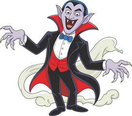 Fototapeta premium Funny cartoon Dracula vampire character with cape, fangs, spooky expression, Halloween monster illustration, playful horror design for festive artwork