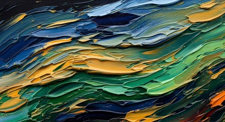 A close-up, abstract oil painting featuring thick, impasto brushstrokes in vibrant blues, greens, and yellows. The strokes are heavily textured and layered, suggesting flowing, organic movement like.