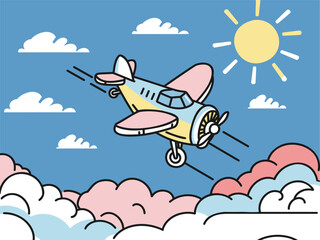 Retro Airplane Flying Through Clouds Under a Bright Sun