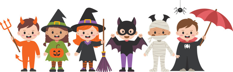 Group of cute children in Halloween costumes including devil, witch, bat, mummy and vampire, fun spooky trick-or-treat illustration