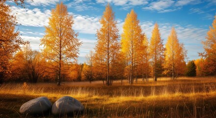 Golden Birch Trees and Grassy Field Under Bright Blue Sky