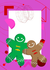 Gingerbread Man Christmas Cookie geometrical graphic retro theme background. Minimal geometric elements. Vintage abstract shapes vector illustration.