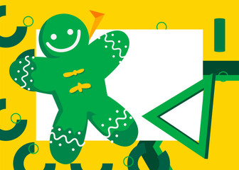 Gingerbread Man Christmas Cookie geometrical graphic retro theme background. Minimal geometric elements. Vintage abstract shapes vector illustration.