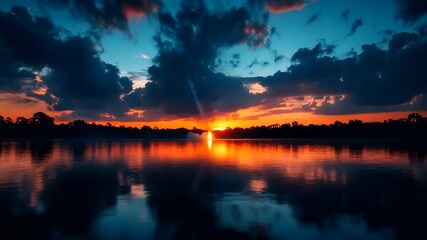 Vibrant Fireworks Display Over Serene Lake at Dusk - Powered by Adobe