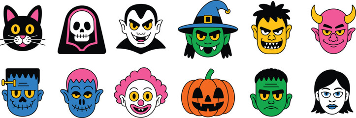 Set of twelve Halloween cartoon character faces including vampire, witch, skull, pumpkin, devil, monster, cat, clown and zombie