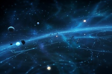 Abstract representation of a galaxy with planets and asteroids