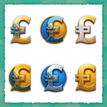 Set of six Gambia currency sign symbol icons logos with golden orange silver and blue colors, Gambian dalasi