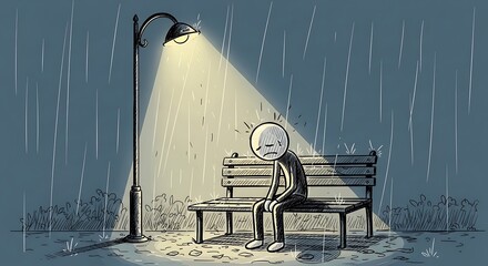 A lonely stick figure sits dejectedly on a park bench under a street lamp in the pouring rain, conveying sadness and isolation.