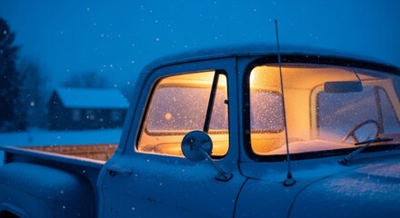 Snowy Evening View of a Classic Truck with Illuminated Interior