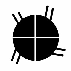 Black circle divided into quadrants with short parallel lines extending from the circumference edge
