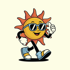 Cool Sun Mascot Giving Thumbs Up, Walking Retro Cartoon Sun with Sunglasses, Happy Sun Character in Sneakers, Summer Vibes Sun Mascot, vector, illustration