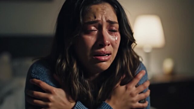 Heartbroken Woman Crying Experiencing Sadness and Emotional Pain Indoors