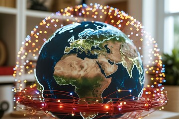 Earth globe surrounded by glowing lights and fiber optic cables