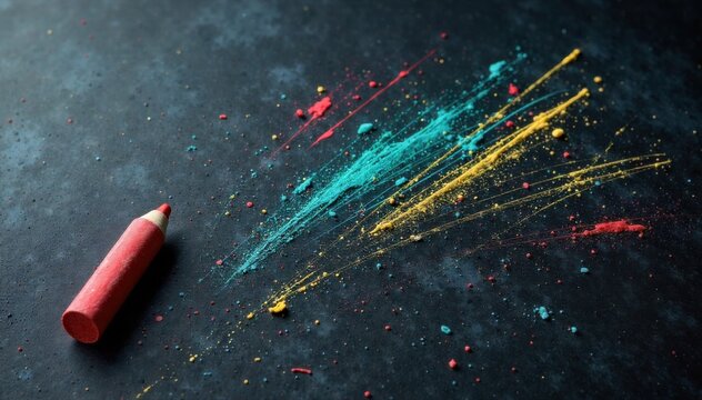 Close up of a chalkboard surface with abstract chalk scribbles and a single fallen chalk stick. Extreme close up of a dark, textured chalkboard surface covered in energetic, abstract scribbles and - Powered by Adobe