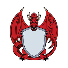 Vector illustration of a red dragon holding a shield