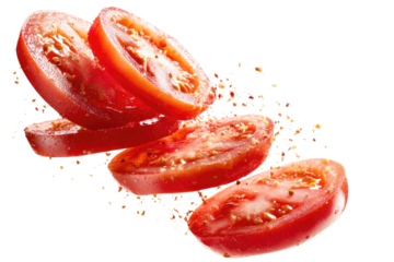 Sliced tomatoes seasoned and suspended in mid-air