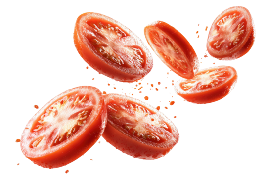 Sliced red tomatoes caught in mid-air, with seeds