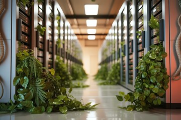 Server room with green plants and sustainable technology concept