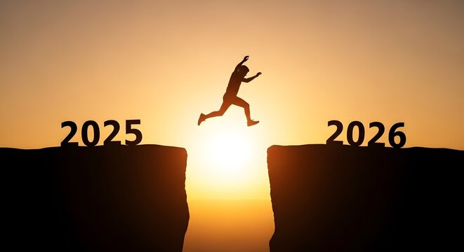 Person jumping across a gap from 2025 to 2026 at sunset