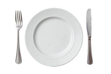 White plate with fork and knife, ready for a meal
