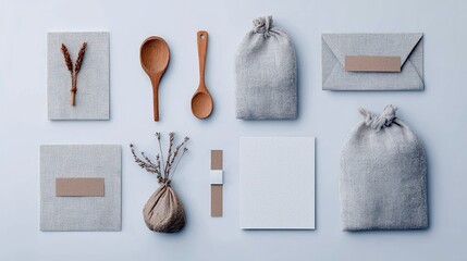 A collection of natural and rustic items arranged neatly on a light blue surface, including wooden spoons, linen bags, and stationery.