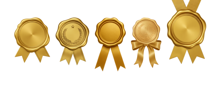 Collection of five golden seals with ribbons and bows, isolated on transparent background