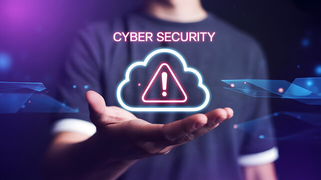 Innovative cyber security concept with glowing cloud and warning sign in hand, modern technology solutions and data protection strategy, business security