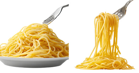 Two servings of cooked pasta twirled on forks