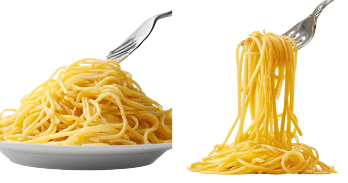 Two servings of cooked pasta twirled on forks