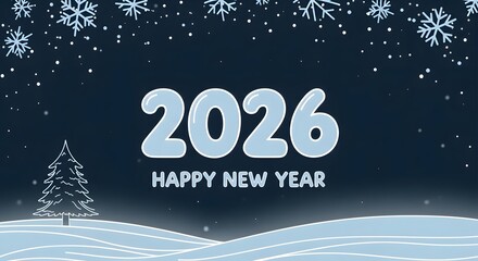 Happy new year 2026 winter scene with snowflakes and christmas tree