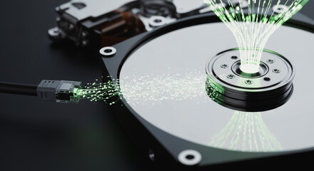 A conceptual, high-tech image, the central focus is on a hard drive, symbolizing data, technology, and information storage and management. The radiating green light visualizes data transfer.