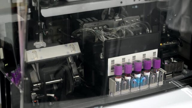 Closeup of blood tubes with EDTA caps moving inside automated hematology analyzer in clinical lab setting indoors.