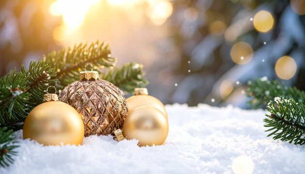 Close-up winter scene featuring golden Christmas ornaments, pine cones, and fresh evergreen branches resting on soft snow with warm bokeh lights in the background.