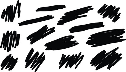 Collection of black hand drawn scribbles and brush strokes on a white background