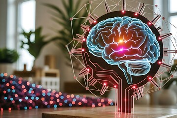 Brain hologram with digital interface on the table indoors