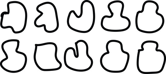 Collection of ten unique amorphous organic blob shapes outlined in black on white background