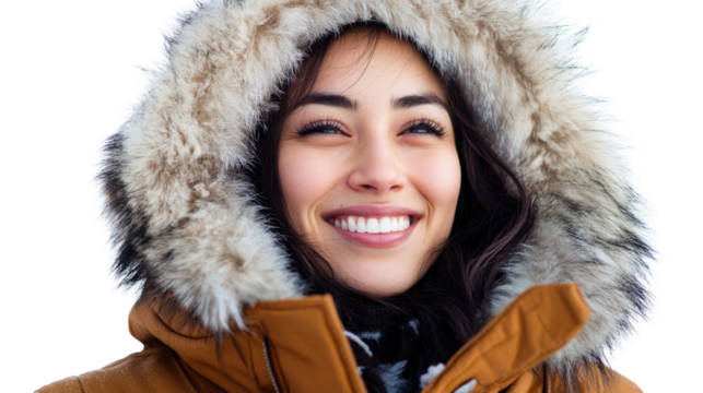 Close-up of woman smiling in winter coat
