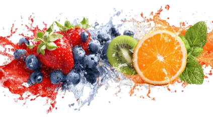 Assortment of fresh fruits in dynamic, colorful splashes