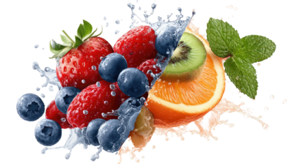 Fresh juicy assortment of berries, citrus, and kiwi with splashes