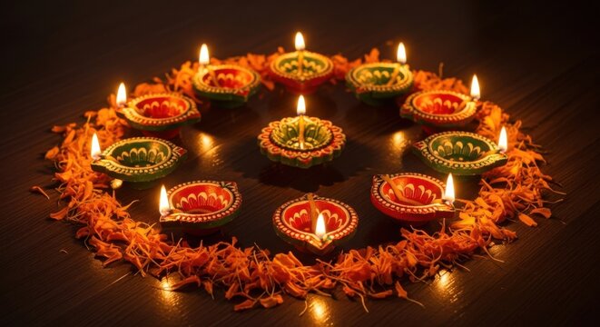 Diwali diyas arranged in a circle with marigold flowers - Powered by Adobe
