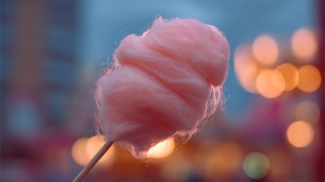 A close up view of pink cotton candy on a stick with a blurry background of lights at night