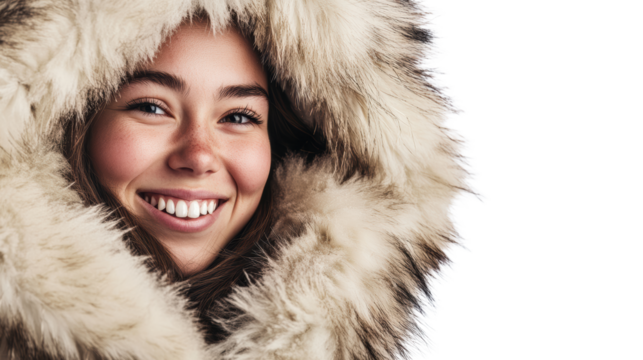 Cheerful woman looking away in parka
