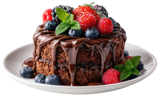 Decadent chocolate cake topped with fresh berries and mint