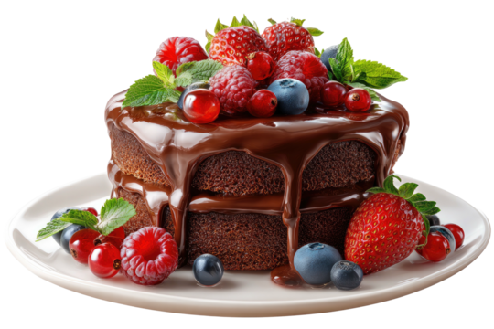 Rich chocolate cake layered with fresh berries, drizzled with ganache